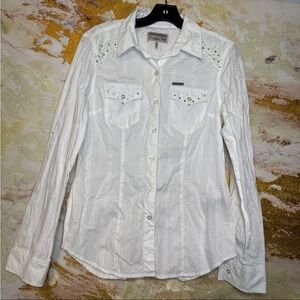 Affliction Women’s White Long Sleeve Button-Up Shirt Cross Size Small